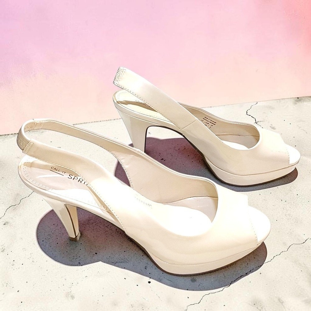 Call It Spring Slingback Platform Heels 9 Women Beige Patent Peep Toe Stiletto